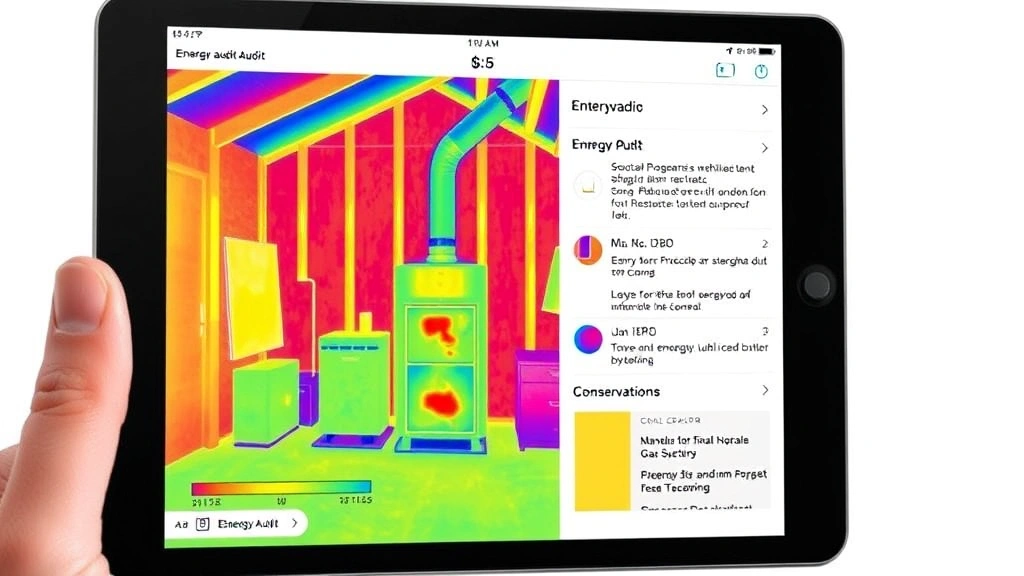 Home energy audit visualization with thermal imaging showing efficient insulation, natural gas heating system, and conservation recommendations on tablet screen