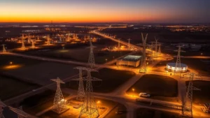 Aerial view of Oklahoma power grid infrastructure with illuminated electrical transmission lines and substations at dusk, showing network connectivity across the landscape
