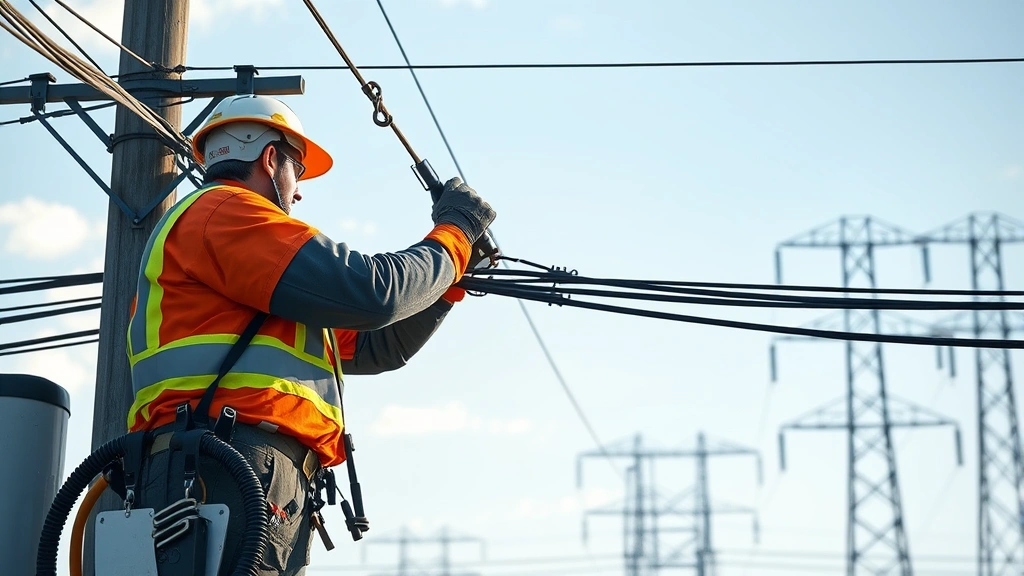 Photorealistic image of a utility worker in safety gear repairing power lines during daylight, with power transmission towers visible in background, no text or labels, professional infrastructure maintenance scene