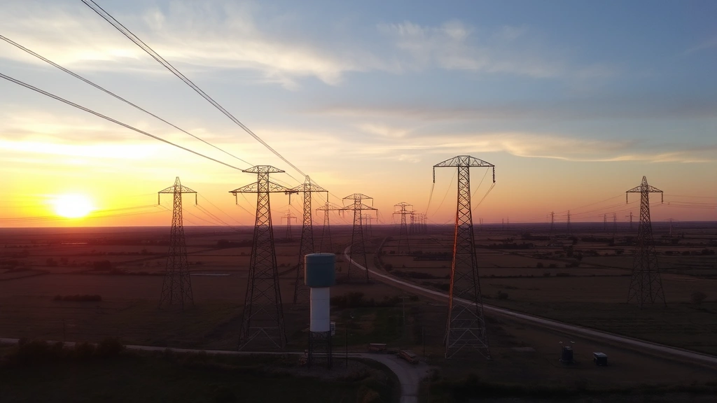 Aerial view of Oklahoma power grid infrastructure with transmission lines stretching across rural landscape during sunset, showing electrical towers and distribution systems without any text or labels