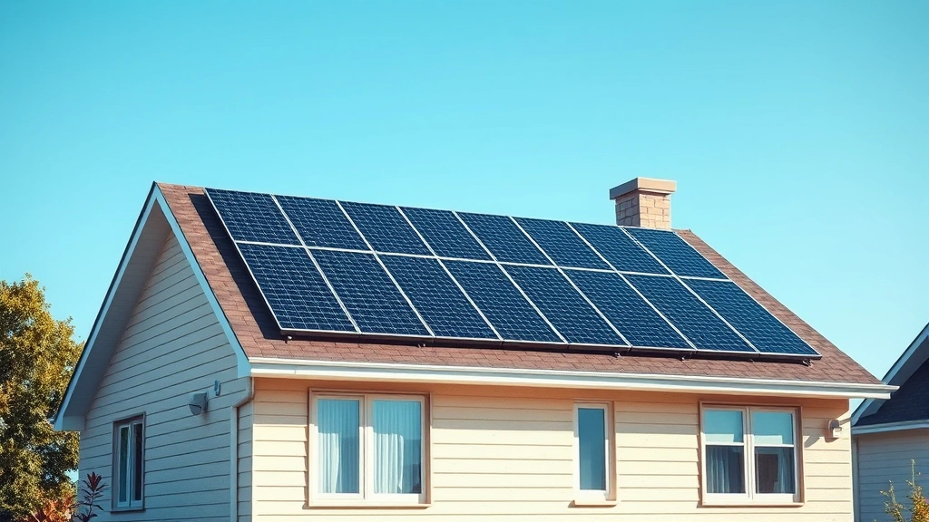 Photorealistic image of rooftop solar panels on a residential home with clear blue sky, showing modern sustainable energy installation, no text or signage, clean residential setting
