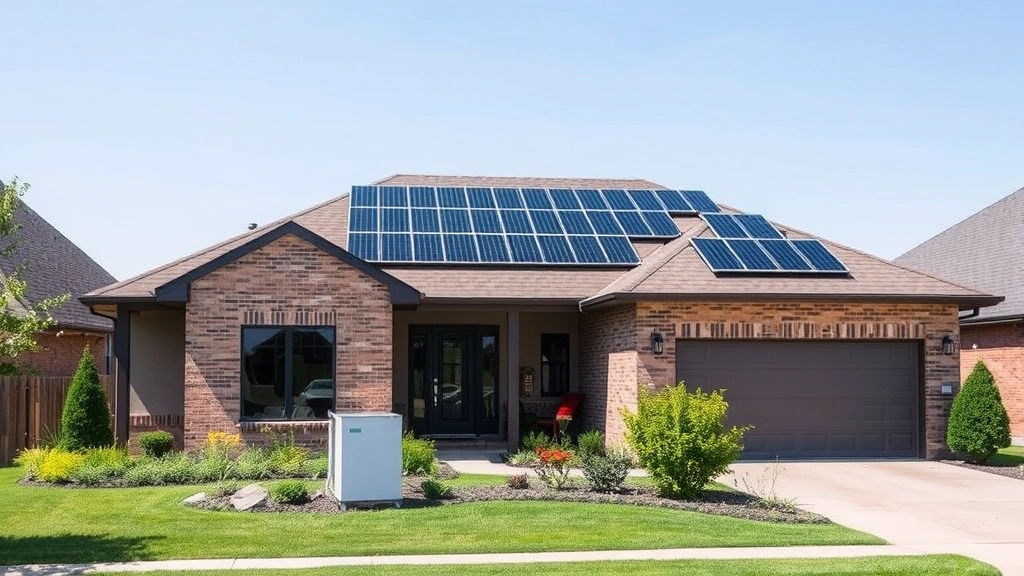 Modern home with solar panels on roof and battery storage system visible, surrounded by green landscaping, demonstrating residential renewable energy installation in suburban Oklahoma setting