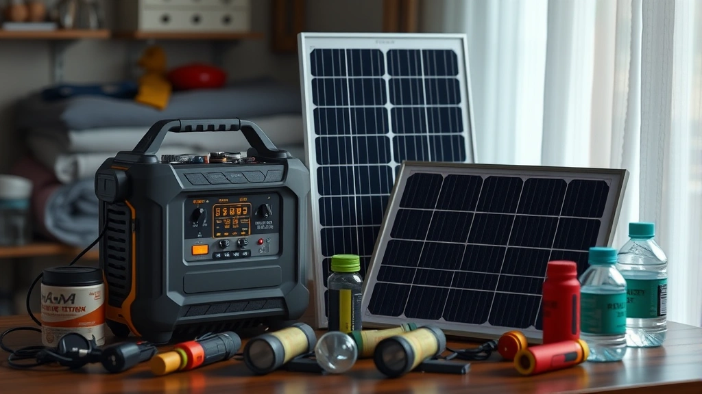 Photorealistic image of a portable power station and solar panel setup in a home emergency preparedness kit, displayed on a table with other supplies like flashlights and water bottles, no text or product labels visible