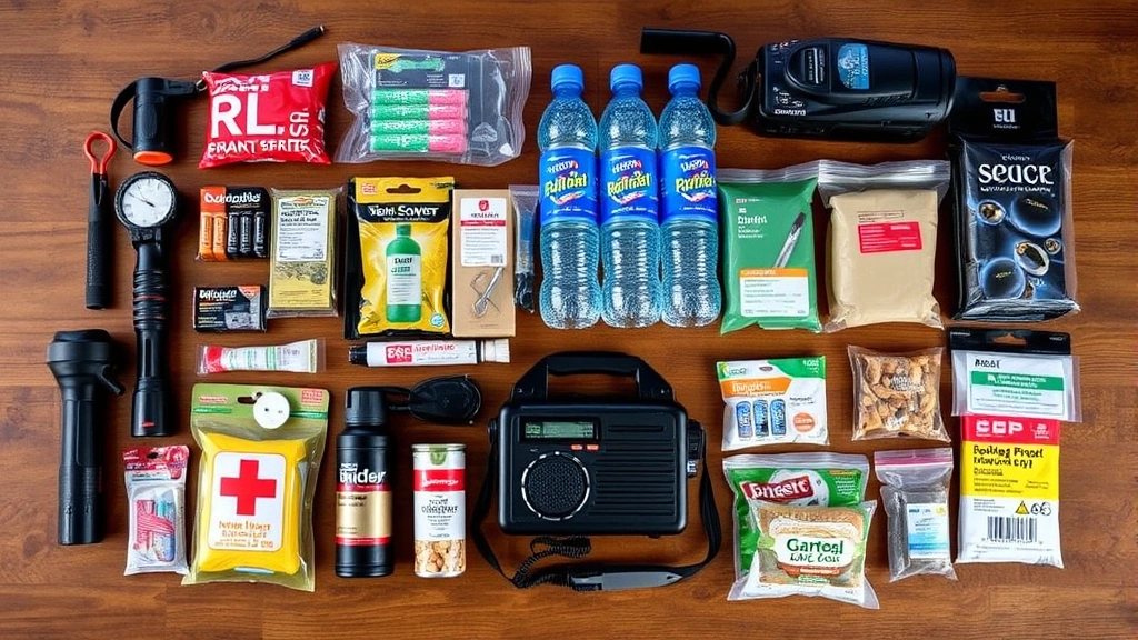 Emergency preparedness kit laid out neatly including flashlights, batteries, bottled water, non-perishable food items, first aid supplies, and battery-powered radio arranged on wooden table surface