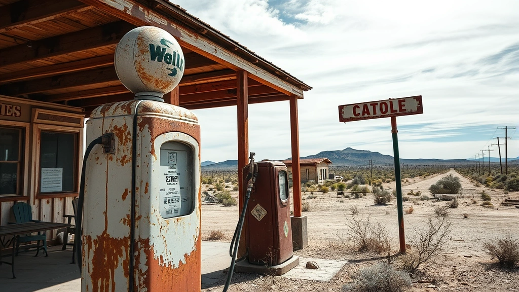 Weathered vintage gas pump at abandoned rural station covered in rust and corrosion, desert landscape background, environmental decay visible, photorealistic detail