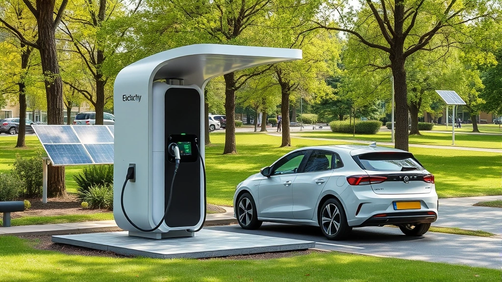Modern electric vehicle charging station with sleek design in green park setting, solar panels visible, clean technology contrast to traditional fuel infrastructure, sustainable energy