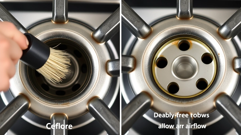 Side-by-side comparison of gas burner maintenance showing cleaned burner ports with a soft brush and debris-free holes allowing proper airflow, photorealistic detail photography, no text