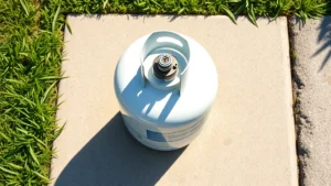 Overhead view of a 10-pound propane tank sitting upright on a concrete surface in bright daylight, showing the metal cylinder with valve assembly clearly visible, surrounded by green grass and garden setting, photorealistic professional quality