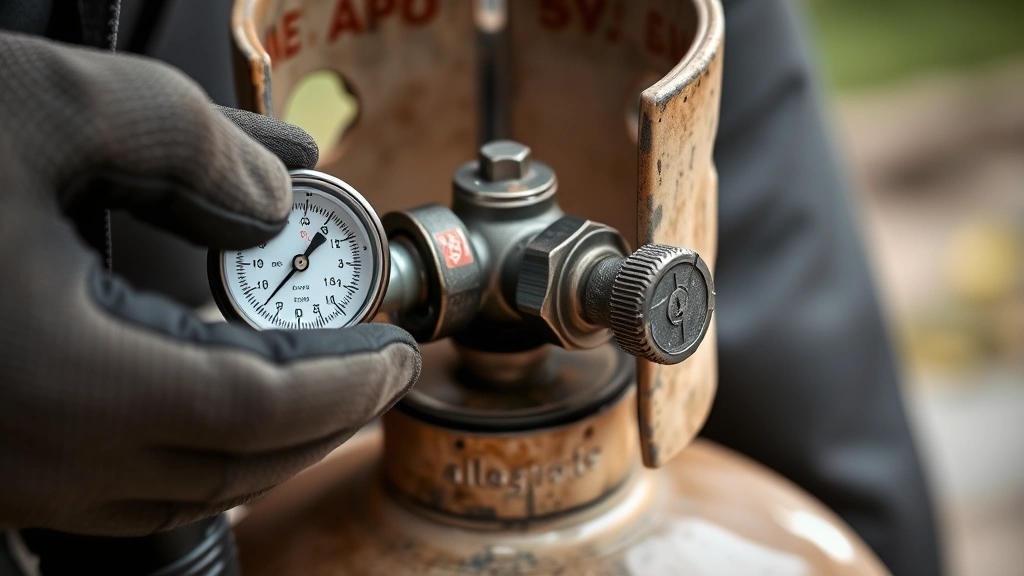 Close-up of a propane tank valve and gauge mechanism with hands wearing work gloves performing inspection, showing safety check details, outdoor setting with soft natural lighting, no visible text or labels on equipment