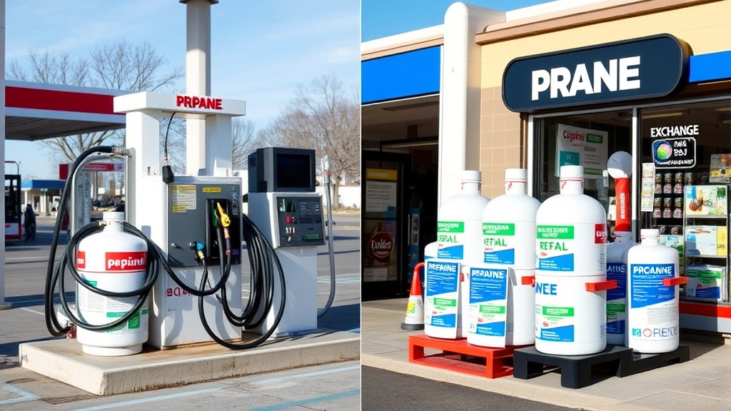 Side-by-side comparison scene showing a propane refill pump station with hoses and filling equipment on the left, and retail store propane exchange display on the right, both in daylight, professional photography, no signage or text visible