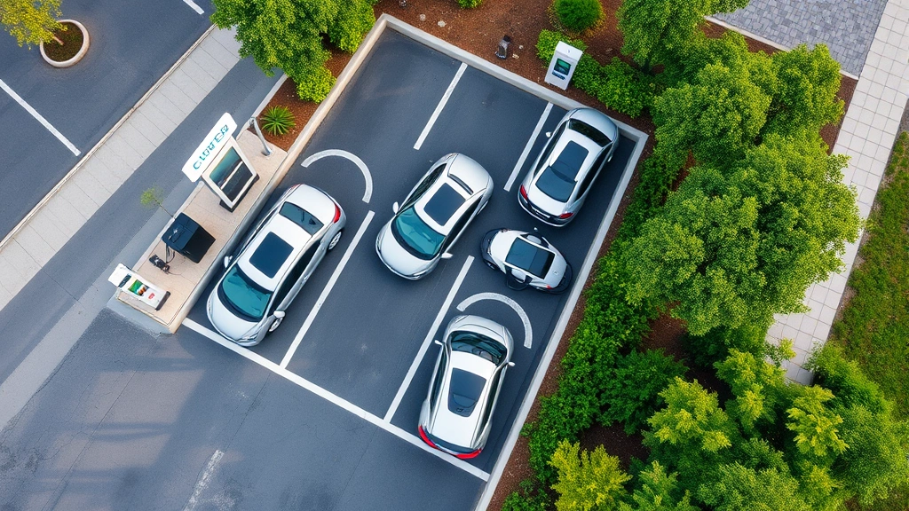 Overhead view of electric vehicle charging station with multiple cars lined up, featuring modern infrastructure and green landscaping surrounding the charging area
