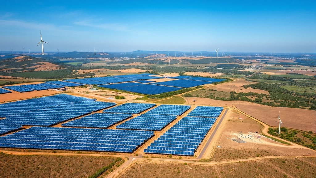 Aerial landscape showing solar farm installation sprawling across rolling terrain with wind turbines visible in distance, representing renewable energy infrastructure