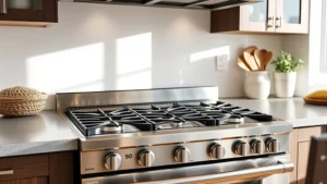 Modern kitchen with sleek stainless steel 36-inch gas range installed, professional photography, bright natural lighting showing burners and stovetop surface, sustainable kitchen design aesthetic