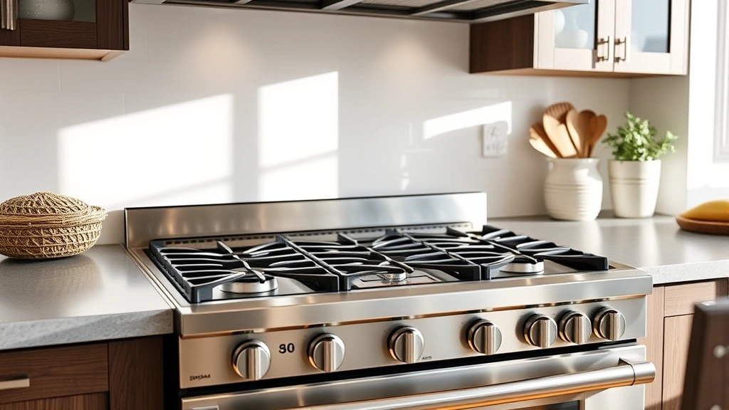 Modern kitchen with sleek stainless steel 36-inch gas range installed, professional photography, bright natural lighting showing burners and stovetop surface, sustainable kitchen design aesthetic