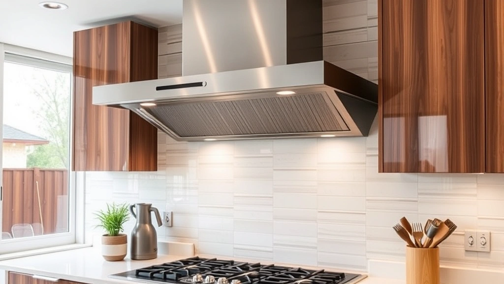 Kitchen ventilation hood system exhausting to exterior, modern range hood installed above gas cooktop, showing proper ventilation installation and kitchen air quality management