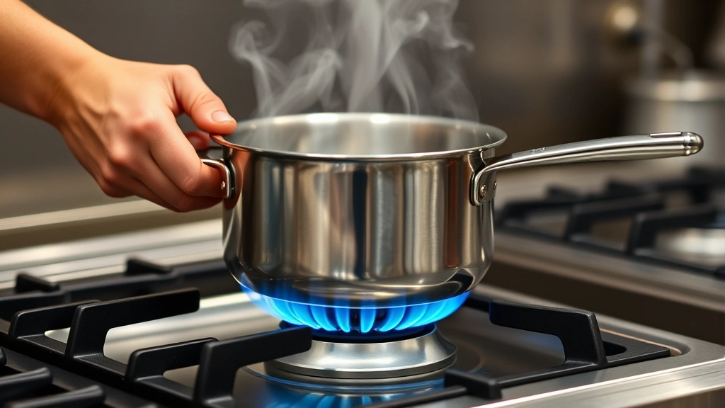 Hands placing stainless steel pot on gas burner with blue flame, steam rising, professional kitchen setting, side angle view, no visible labels