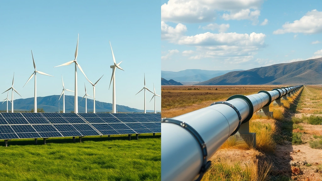 Comparison split-screen: left side shows wind turbines and solar panels powering electric grid, right side shows natural gas pipeline infrastructure in landscape, environmental contrast
