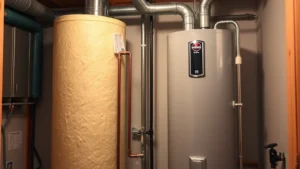 Residential home water heater installation in mechanical room, showing large tank with insulation, metal pipes, and ventilation system, professional installation setting, warm lighting