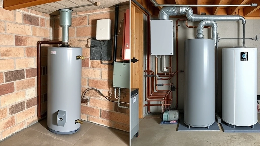 Split-screen comparison showing traditional gas water heater tank on left and modern heat pump water heater system on right, both in residential basement environments, clear equipment visibility