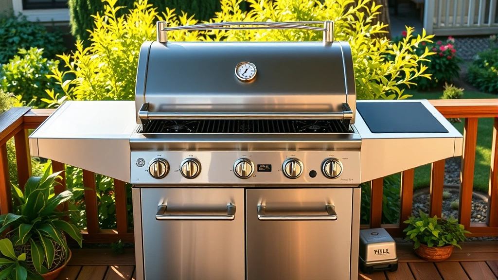 Modern stainless steel 5-burner gas grill on a wooden deck with lush green plants and garden beds in soft morning sunlight, showing clean burners and thermometer