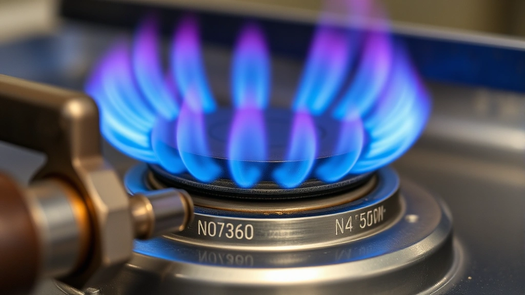 Close-up of natural gas connection and burner ignition system with blue flames burning efficiently, demonstrating proper combustion and maintenance