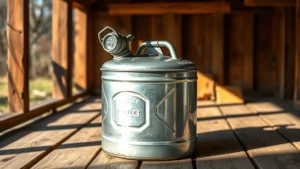 Galvanized steel 5 gallon metal gas can with flame arrestor cap, sitting on natural wood surface in outdoor shed, morning sunlight creating shadows, photorealistic detail showing metal texture and safety features