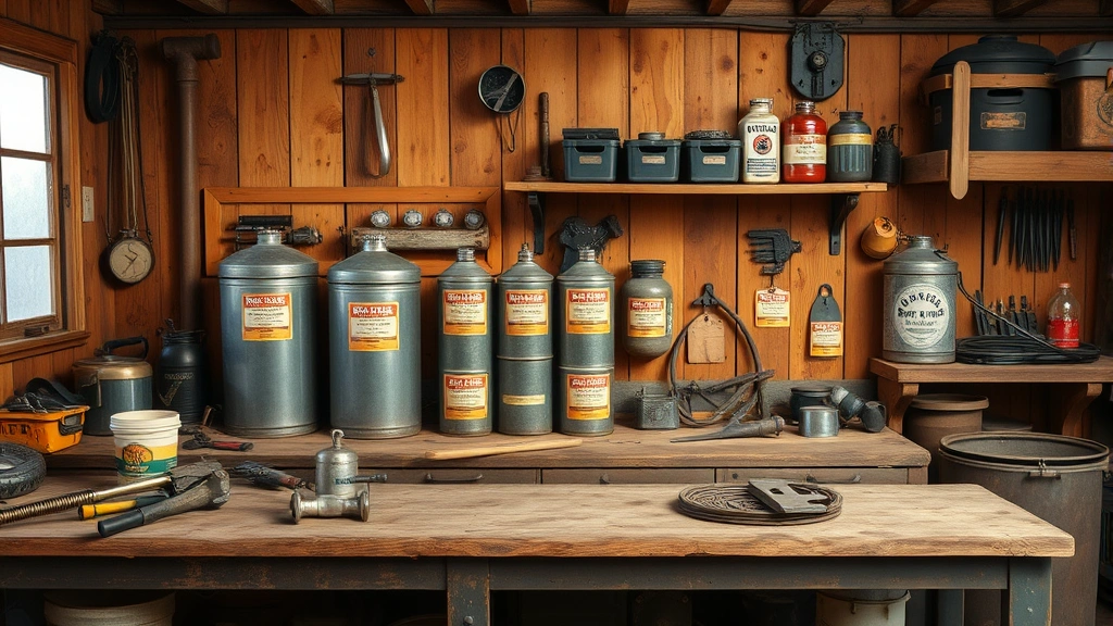 Rustic garage workbench with properly labeled and organized metal fuel containers, vintage tools scattered nearby, warm natural lighting highlighting metal sheen and organized storage system