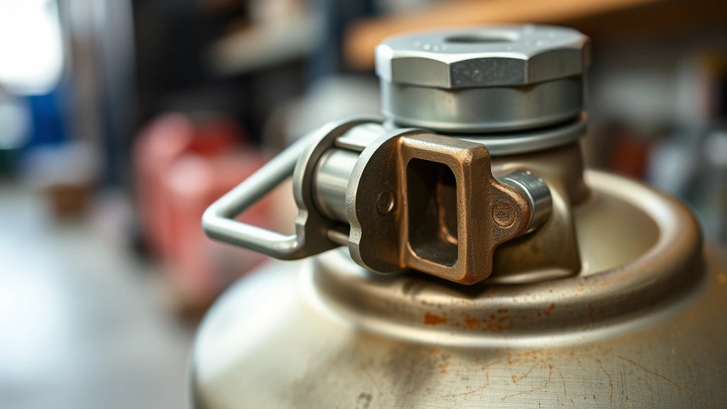 Close-up of metal gas can grounding lug and vent cap assembly, showing safety mechanisms and construction details, shallow depth of field emphasizing technical features against blurred workshop background