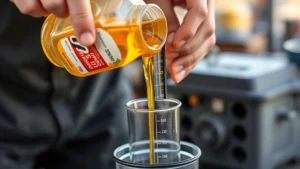 Close-up of hands carefully measuring two-stroke engine oil into a graduated measuring cup above a fuel mixing container, showing precise measurement techniques with natural lighting in an outdoor workshop setting