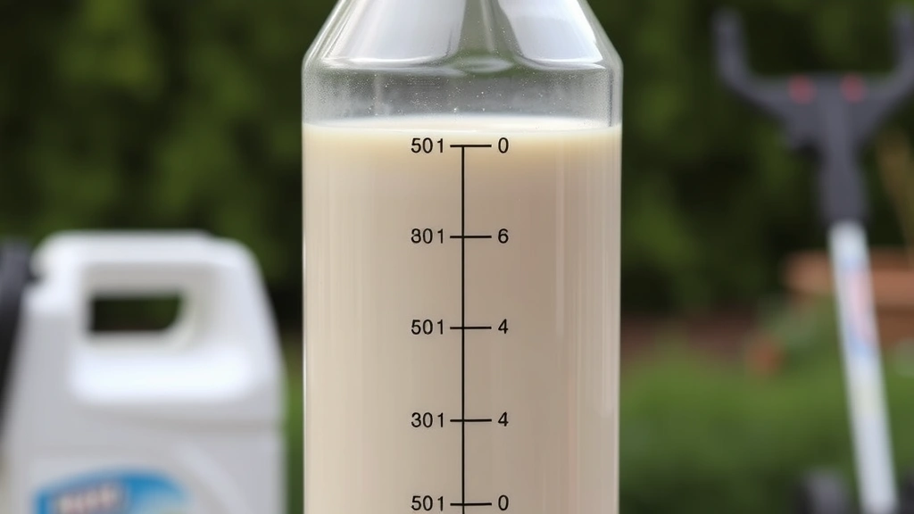 Transparent fuel mixing bottle with pre-marked 50:1 ratio lines and homogeneous milky-colored mixed fuel visible inside, photographed against a blurred green garden background with landscaping equipment nearby