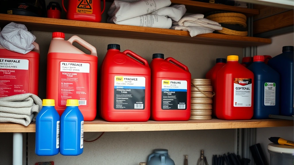 Organized storage shelf with approved red fuel containers, blue two-stroke oil bottles, and safety equipment including gloves and absorbent materials in a clean workshop or shed environment