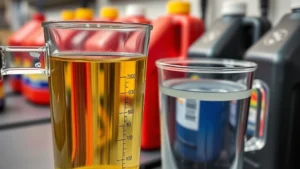 Close-up of precise measurement tools measuring two-stroke oil and gasoline in clear containers, showing exact volumes with metric markings visible, professional workshop setting with organized fuel bottles
