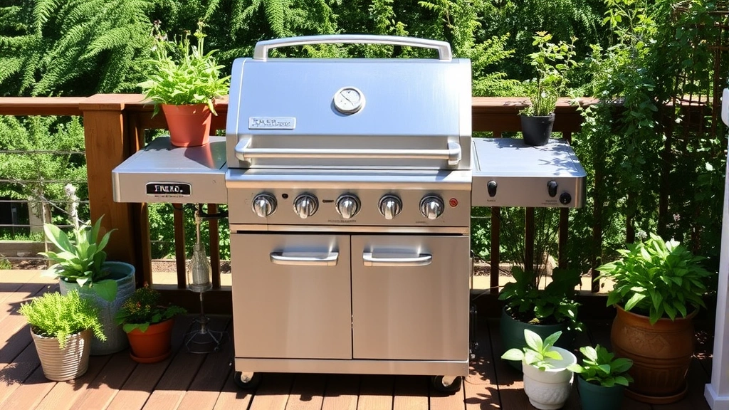 Stainless steel six-burner gas grill on a wooden deck surrounded by potted herbs and green plants, natural sunlight, no text or labels visible