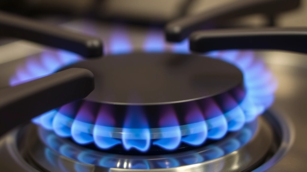 Close-up of clean gas burner ports with blue flames igniting, showing efficient combustion, no identifying marks or text