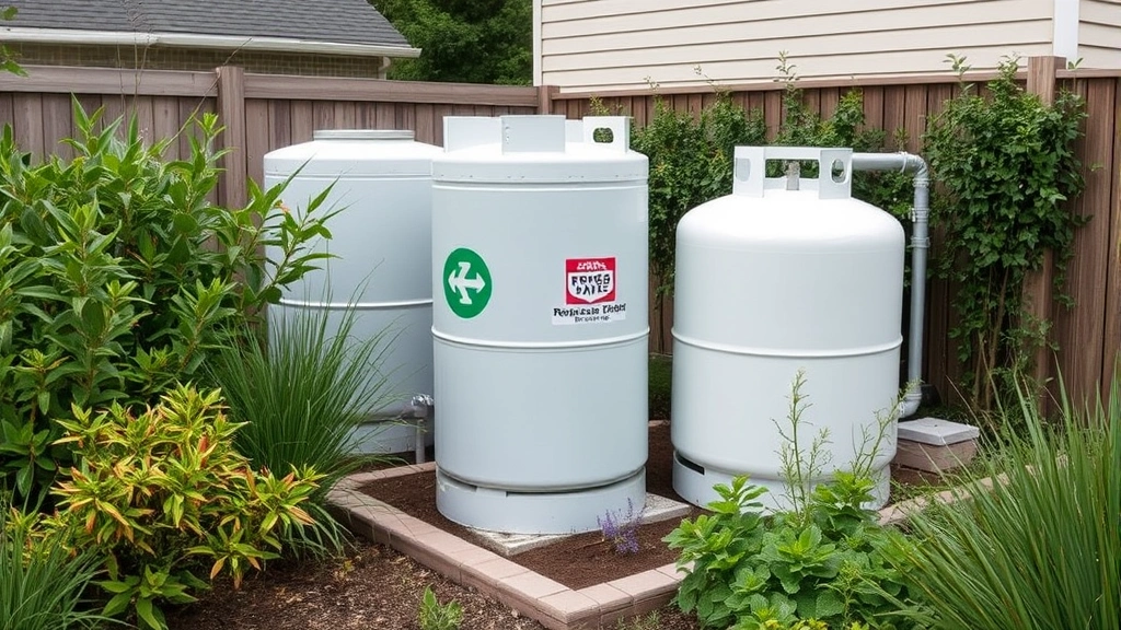 Propane and natural gas storage tanks in a residential outdoor setting with surrounding vegetation, sustainable landscape design, no signage