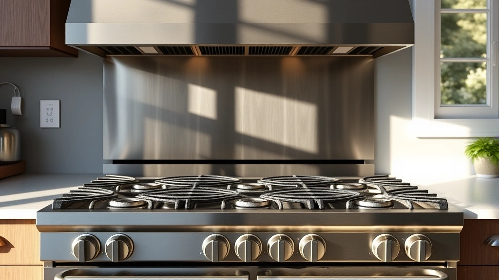 Professional stainless steel 6-burner gas range in modern kitchen with natural light streaming through windows, showing clean cooking surface and burners without ignited flames, sustainable home setting