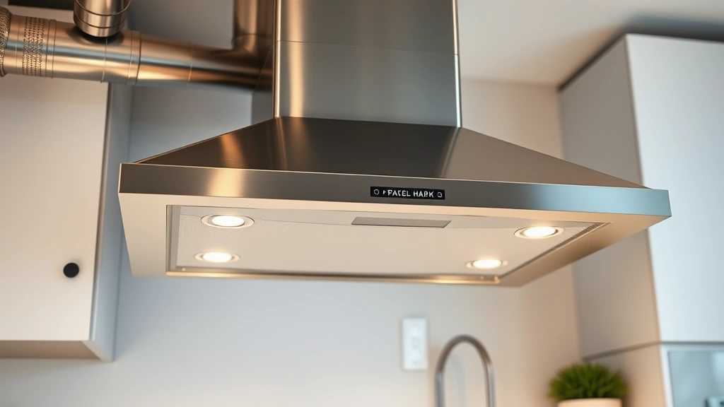 Close-up of professional range hood ventilation system above gas cooktop, showing stainless steel ducting and kitchen ventilation infrastructure, modern kitchen interior