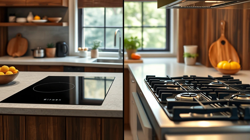 Comparison scene showing side-by-side modern induction cooktop and traditional gas range, both unlit, in contemporary kitchen with sustainable design elements, natural materials visible