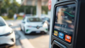 Close-up of a gas pump display showing different octane ratings (87, 89, 93) with blurred background of modern electric vehicles charging at a station, natural daylight, photorealistic