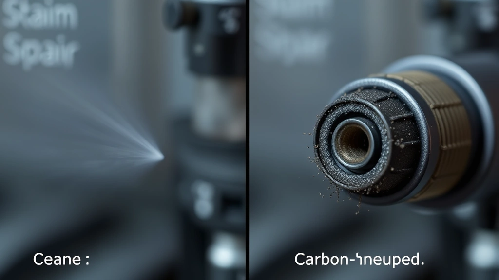 Split-screen comparison: left side shows a clean fuel injector spray pattern, right side shows a carbon-deposited injector, macro photography, laboratory setting, no text labels