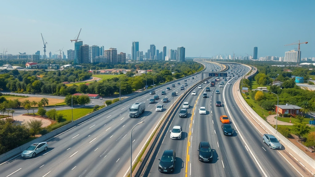 Aerial view of a highway with mixed traffic including electric vehicles and traditional cars, sustainable city landscape with green spaces visible, environmental monitoring perspective, daytime