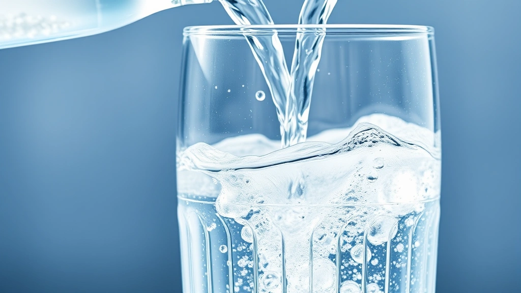 Crystal clear sparkling water being poured into a glass with visible bubbles and carbonation, natural sunlight highlighting the liquid, minimalist background with fresh water droplets