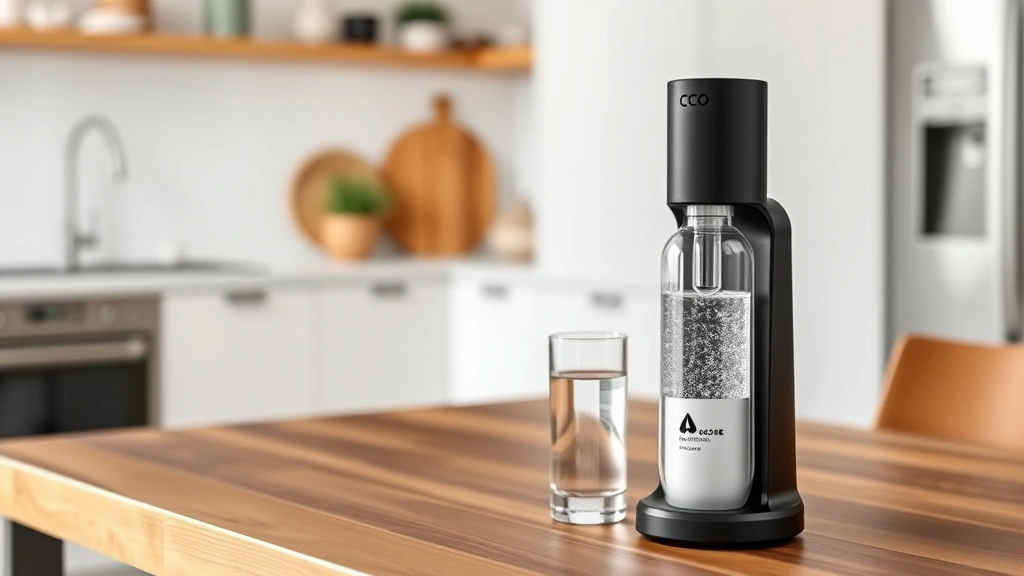 Modern home carbonation system with reusable bottle and CO2 cartridge on a sustainable wooden table, clean contemporary kitchen setting, emphasizing eco-friendly alternative to bottled beverages
