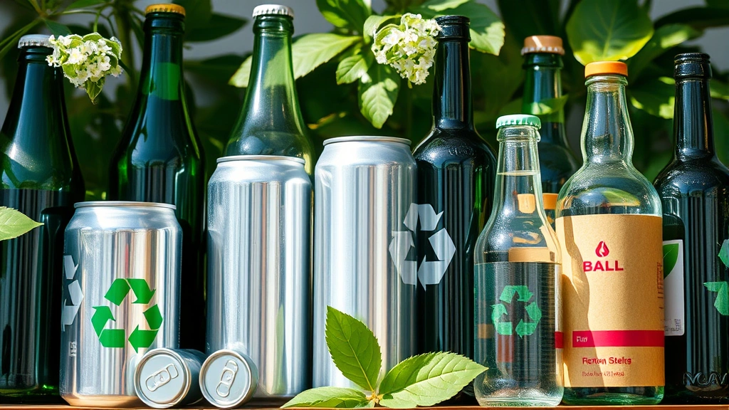 Aluminum cans and glass bottles arranged sustainably with recycling symbols, natural light showing material textures, green plant leaves visible, representing circular economy and packaging sustainability
