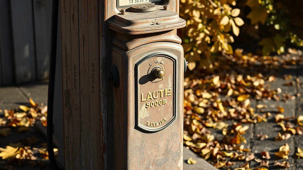 Weathered cast iron antique gas pump from 1950s with brass fittings, standing in autumn sunlight with fallen leaves, showing patina and durability after decades of use