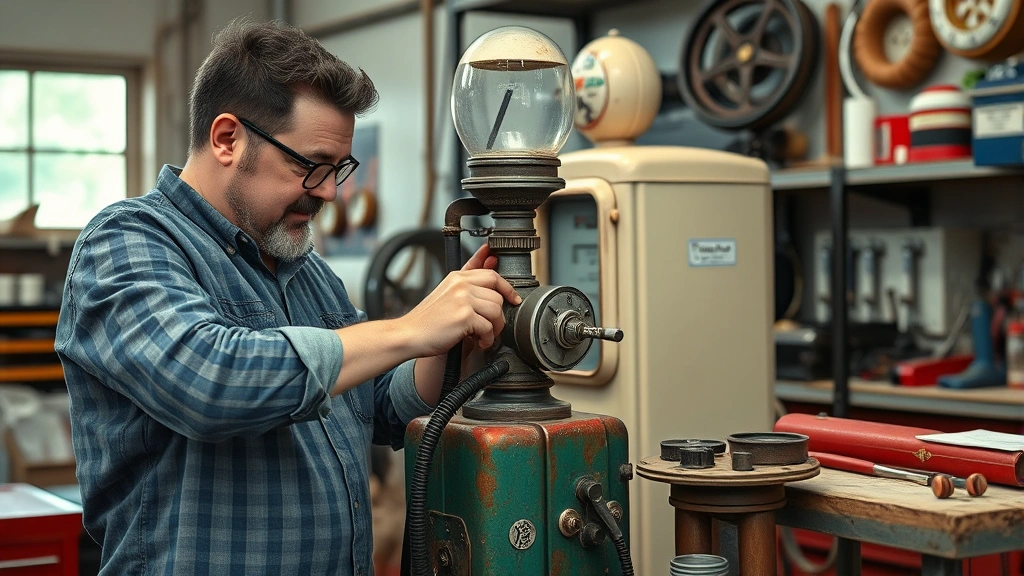 Workshop scene of skilled technician carefully restoring vintage gas pump components, with tools and replacement parts, demonstrating repair and maintenance craftsmanship