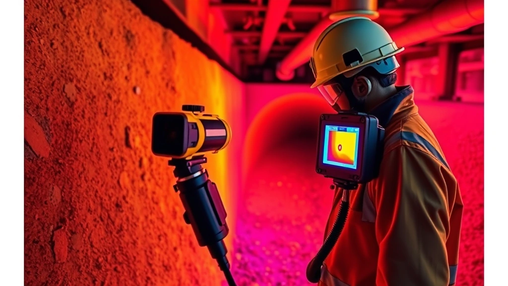 Technician using infrared thermal camera to detect natural gas pipeline leaks at underground utility infrastructure site, modern leak detection equipment in action