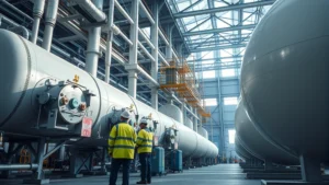 Industrial air separation facility with large cylindrical equipment and pipes, technicians in safety gear inspecting cryogenic systems, natural lighting highlighting steel infrastructure and modern manufacturing environment