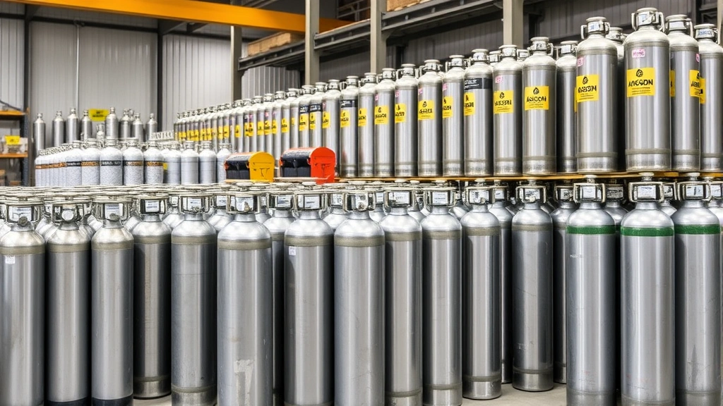 Rows of steel argon gas cylinders stacked in industrial warehouse, organized storage facility with safety signage, cylinders in various states of use and preparation, professional industrial setting