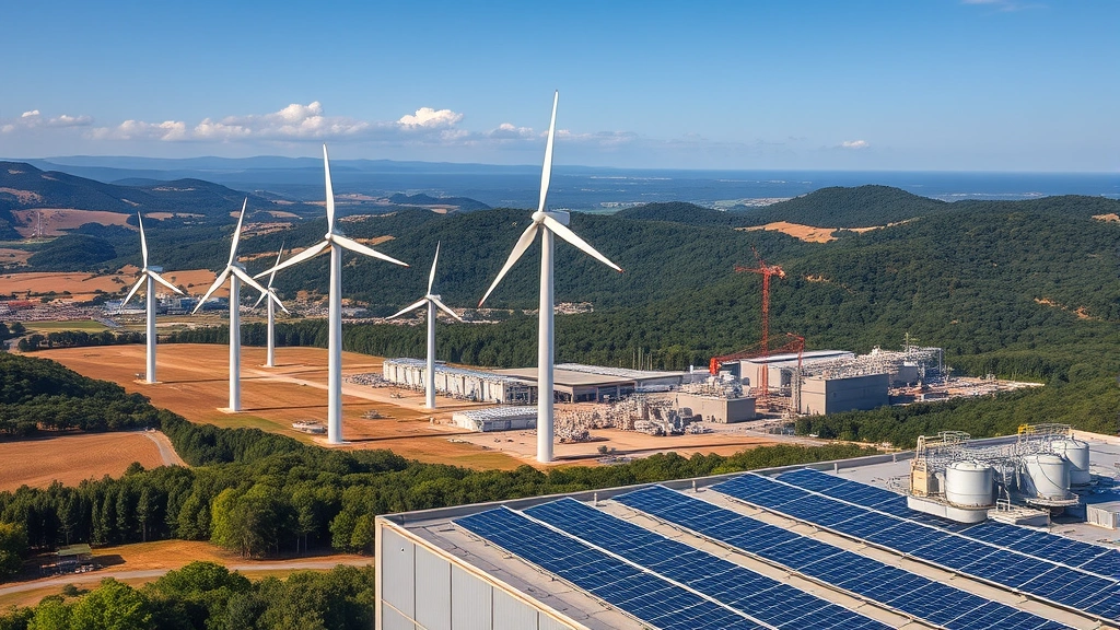 Renewable energy wind turbines in landscape powering industrial facility in distance, solar panels on manufacturing building roof, sustainable power infrastructure supporting gas production operations